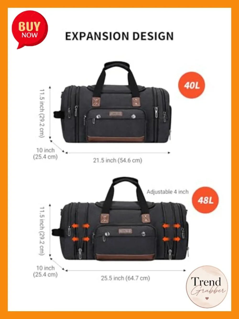 Canvas Expandable Travel Duffel Bag 40L to 48L with Shoe Compartment, Men's